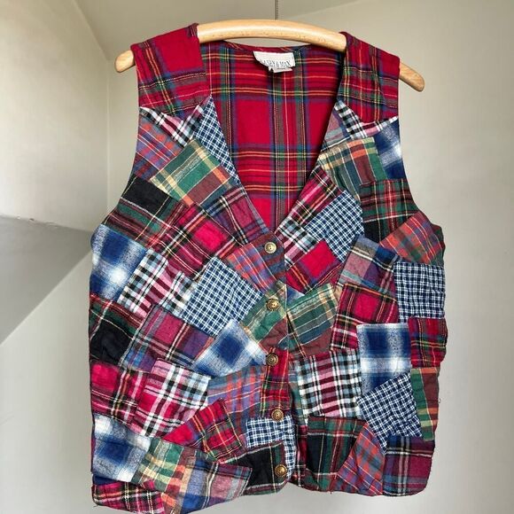 Vintage 90s Patchwork Flannel Plaid Grunge Vest Funky Maximalist Phoebe Buffay - Picture 1 of 6